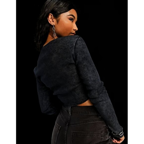 NEW ASOS Ribbed Top Black Double Zipper Acid-Washed Edgy V-Neck Henley Stretchy - Picture 2 of 9
